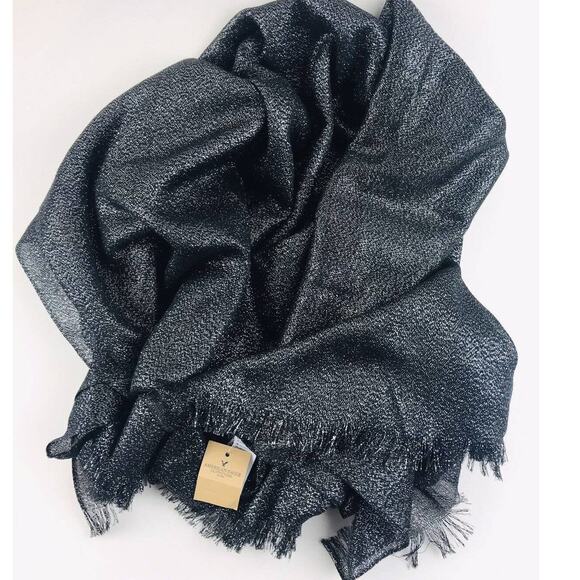 American Eagle New Black Metallic Scarf Shimmery Fancy Fringe Elegant Sheer Shin - Picture 1 of 6